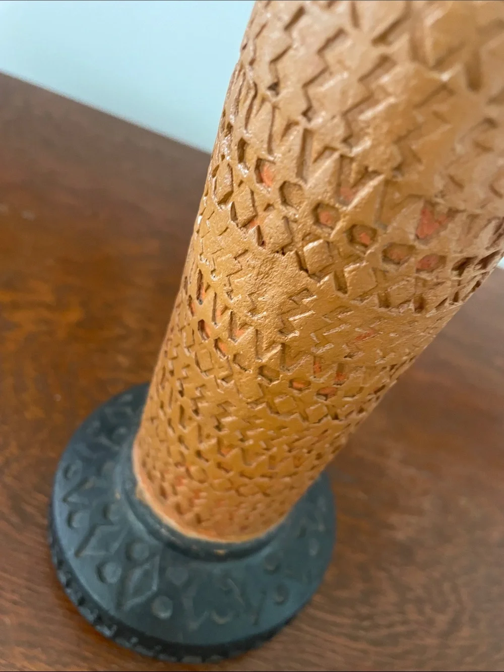 Carved Terracotta & Black Ceramic Vase - Textured Column Design